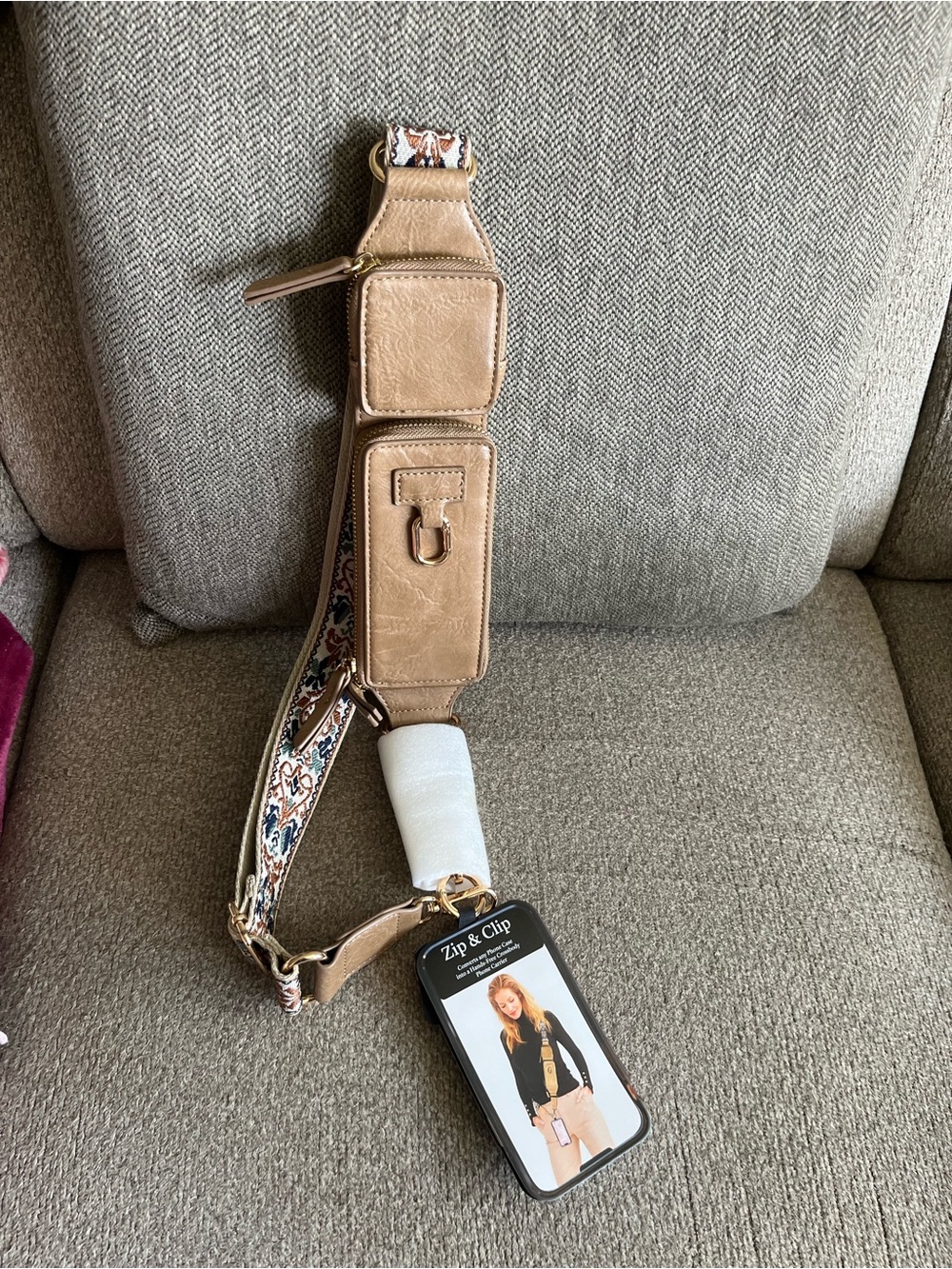 Zip & Clip By Save The Girls Crossbody Brocade Cappuccino Cell Phone Strap RFID